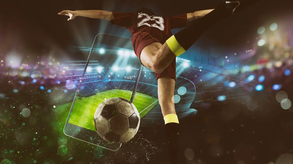Tampilan arena olahraga dengan pertandingan dan statistik